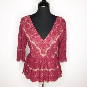 Anthropologie Maeve red maroon lace overlay v neck top size Medium